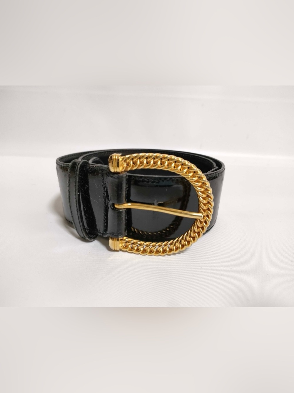 Vintage Gucci Black Leather Belt Gold Chain Buckle Size 75/30 Made in Italy